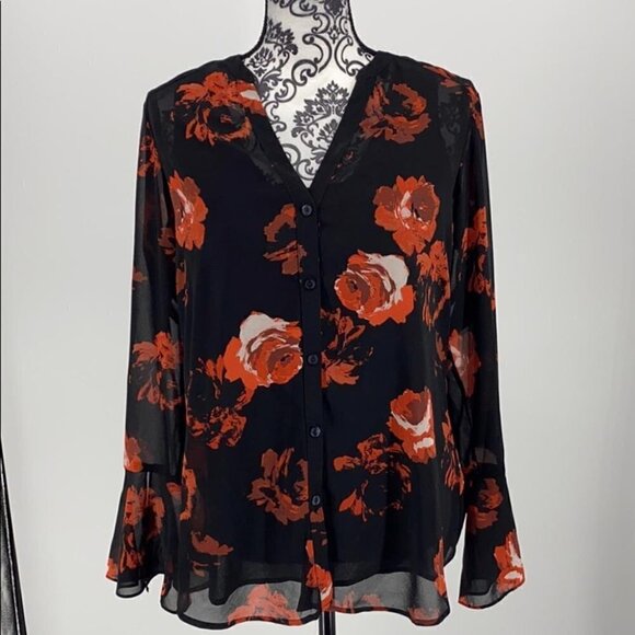 FOXCROFT Ali Painterly Rose Chiffon floral Blouse bell sleeve v-neck flowy boho - Picture 5 of 12